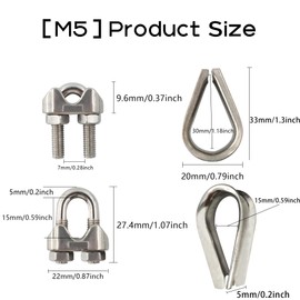 PDETVEO 12PCS 3/16" Wire Rope Clamps, M5 Wire Rope Cable Clip, 304 Stainless Steel Wire Rope Clip and Thimble Set