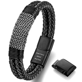 murtoo Leather Bracelets for Men, Black Brown Mens Double Row Braided Leather Bracelet with Steel Chain, Stylish Gift for Men Him (Black, Silver Chain, 8")