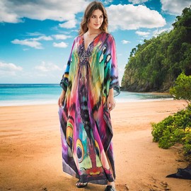 ZaisuiFun Beach Dress Women's Summer Long Kaftan Maxi Dress Boho Stand Dress Summer Dress Beach Wear Plus Size, Colour 09