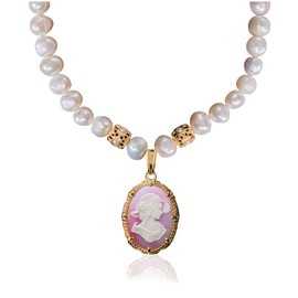 Cameo Silhouette Pendant Necklace Vintage for Womens 9-10mm Natural Baroque Pearl Strand 16" + 2.5" Extender, Gold Plated, No Gemstone