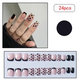 Black Heart Press on Nails Short Square Fake Nails French Tip Acrylic Nails Press on False Nails Valentine Design Nude Pink Glossy Reusable Full Cover Glue on Nails Stick on Nails for Women 24Pcs