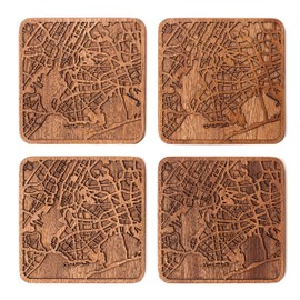 New York Map Coaster by O3 Design Studio, Set Of 4, Sapele Wooden Coaster With City Map, Handmade