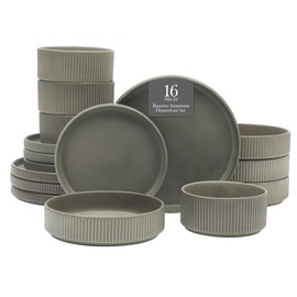 Gibson Elite Deerfield 16-Piece Stoneware Dinnerware Set – Soft Grey Reactive Glaze, Stackable Plates and Bowls, Service for 4 – Microwave & Dishwasher Safe