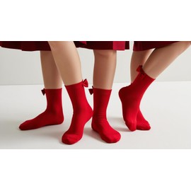 MISHOO® 3 Girls' Ankle Socks with Decorative Bow, Back To School Uniform Socks for Kids Cotton Rich Plain School Ankle Socks Size 12-3 Red AB