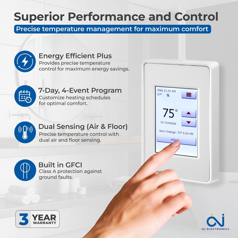 OJ Microline Touchscreen Programmable Radiant Floor Heating Thermostat 120/240V, Dual