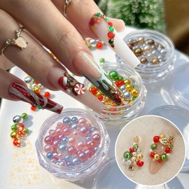 3 Box Christmas Beads Nail Charms Colorful Nail Rhinestones Red Green Gold Round Pearl Nail Accessories Sparkly Nail Diamonds Jewels Rhinestone Silver Pearl Nail Beads Nail Charms for Women Nails Art