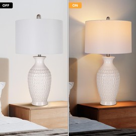 QiMH Ceramic Table Lamp 28.5" Tall with Linen Shade, Modern Farmhouse Lamp for Living Room, Bedroom Nightstand - White Textured Pottery Home Lighting(Bulb Inclued)