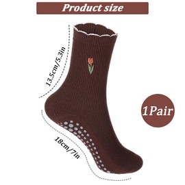 TIESOME Home Pilates Grip Socks for Women with Non Slip Grippers, Yoga Grippy Crew Socks Cute Ballet Accessory with Ruffle Cuff Embroidery Design for Barre Hospital (dark brown)