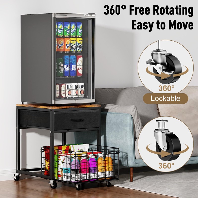Housolution Mobile Mini Fridge Stand with Storage, Height-Adjustable Mini Beverage