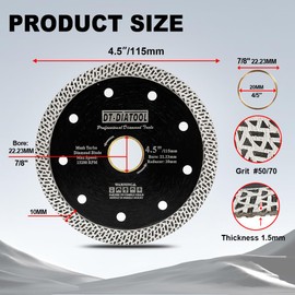 DT-DIATOOL Diamond Granite Blade 4-1/2 Inch for Marble Porcelain Tile Ceramic Diamond Cutting Disc with Mesh Turbo Diamond Segments Pack of 5