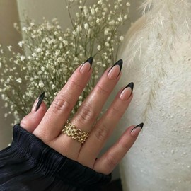 KQueenest 30 Pcs Black French Tip Press on Nails Short Almond Nails Acrylic, Natural Nude Pink Medium Fake Nails Press ons, Classic Glue on Nails Short, Gel French Nails for Women DIY Manicure