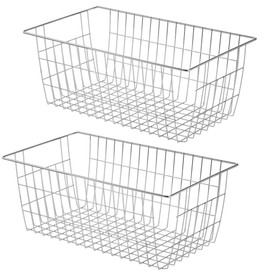 Freezer Wire Storage Baskets,Farmhouse Organizer Storage Bins Large Organizer Bins for Laundry Room, Closets, Garage, Office, Bathroom, Pantry Organization Storage Bins -Set of 2 (Chrome)
