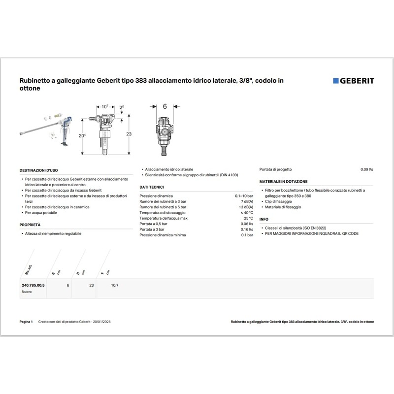 Geberit Float Tap Type 383 with Side Water Connection 3/8