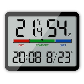 ALLOMN Hygrometer Indoor Thermometer, Digital Room Humidity Meter, Accurate Temperature Meter, Large LCD Display, Moisture Meter, Thermometer with Clock for Greenhouse, Home (Black)