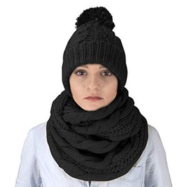 Peach Couture Cable Knit 2 Pair Faux Fur Beanie Hat and Infinity Loop Scarf Set Ebony