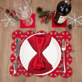AYMQC Felt Place Mats and Coasters Christmas Place Mats Red Snowflake Christmas Placemats and Felt Coasters for Christmas Party Table Decoration Pack of 12