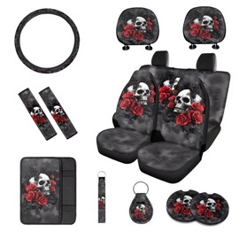 Rucaresri Red Rose Flowers Skull Universal 13 Pieces Auto Accessories Set, Seat Covers Full Set/Seatbelt Pads/Steering Wheel Covers/Coasters/Keyrings,for Most Cars Trucks Suvs