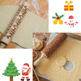 Mellifluous 2pcs Embossed Rolling Pin,Christmas Elk Printing Rolling Pin,Handmade Pattern Rolling Pin,Laser Printing Pattern Wooden Rolling Pin,3D Pattern DIY Kitchen Tool