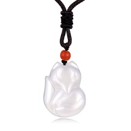 JewelBeauty Fox Black Obsidian Necklaces Healing Crystal Gemstone Lucky Amulet Talisman Protection Necklace for Women Men (White Agate)