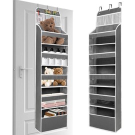 HONZUEN Over Door Storage Organiser, Hanging Storage, Large Capacity 5 Shelves with 3 Mesh Pockets, Transparent Windows, Behind Door Storage for Bedroom/Bathroom Storage, with Reinforced Hooks, Grey