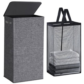 Collapsible Laundry Hamper with Lid 100L, Large Laundry Basket with Removable Mesh Bag for Bedroom, Bathroom,Closet, Dorm(Grey)