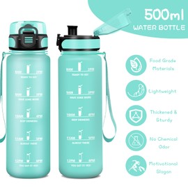 Children's Water Bottle, 500 ml, Leak-Proof Drinking Bottle with Filter, Water Bottle with Time Marking, Can Be Carried, Water Bottle for School, Office, Travel, Camping, Running, Green