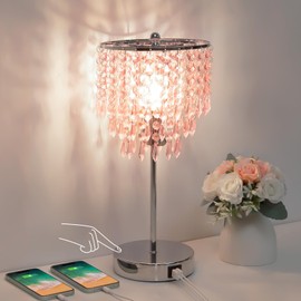Crystal Touch Control Table Lamp with Dual USB Charging Ports, 3 Way Dimmable Bedside Lamp with Pink Shade, Decorative Nightstand Lamp for Girls Bedroom, Living Room, Office, B11 LED Bulb Included