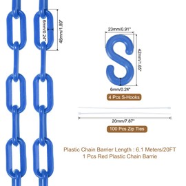 MECCANIXITY Plastic Chain 20 FT/6.1 M, Safety Chain Blue Plastic Chain Link Barrier with Zip Ties and S-Hooks for Crowd Control Queue Line Fence Decoration