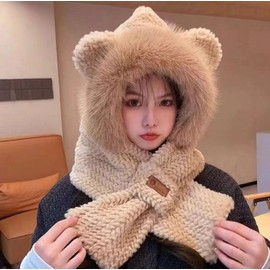 Women's Warm Winter Cartoon Plush Faux Mink Hooded Scarf Balaclava lf3748 Free Size/Beige 3ea