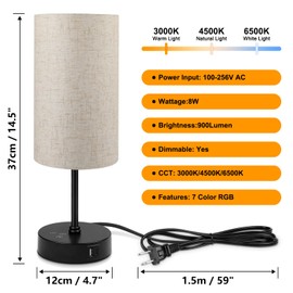 Ascher RGB Table Lamp Color Changing - 3 Color Temperatures and Stepless Dimmable Small Bedside Lamp for Bedroom, Touch Control Nightstand Light for Reading Home Decor Lights
