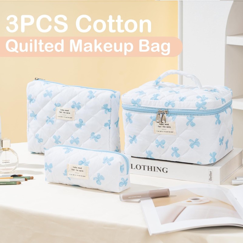 UUYUUY Quilted Cotton Makeup Bag, Blue Bow, Literature and Art