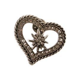 Alpenflüstern Lapel Pin Rhinestone Edelweiss Heart Antique Silver Colours API112, Metal