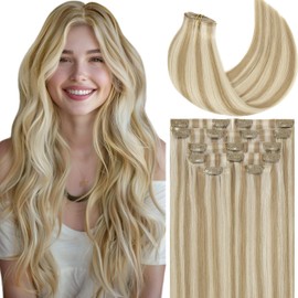 Loxxy Blonde Hair Extensions Real Human Hair Clip ins 14Inch Invisible Highlight Seamless Remy Human Hair Clip in Extensions Color Ash Blonde Mixed With Blonde 110G 6Pcs For Women