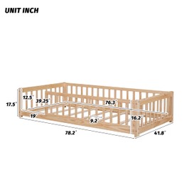 PVWIIK Twin Size Montessori Toddler Floor Bed with Wood Slats for Girls and Boys, Wood Montessori Bed Frame with Safety Guardrails, No Box Spring Needed, Natural