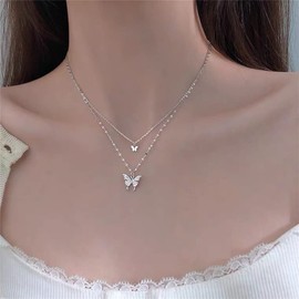 SHUNYI Women's Necklace, Clavicle Chain, Cute, Butterfly Necklace, 925 Silver, Double Chain, Double Chain, Layerable, Long, Butterfly Necklace, Women's, Popular, Hypoallergenic, Friends, Birthday,
