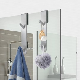 SUXLINA Stainless Steel Shower Door Hooks (2-Pack) - Heavy Duty Bathroom Towel Hooks for Frameless Glass Showers, No Drill Hanging Hooks for Robes, Towels, Loofahs - Rustproof & Easy Install