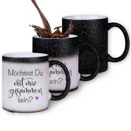 Zaubertasse "Willst Du mit mir zusammen sein?" - Farbwechseltasse mit Glitzerpartikeln - Magic-Thermo-Effekt