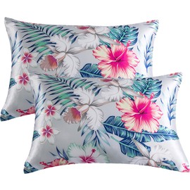 DuShow 2 Pack Silk Satin Pillowcases for Hair and Skin,Floral Luxurious and Silky Standard Zipper Pillow Cases 50x75 cm,Blue