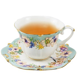 TATSUMI Country Roses Bone China Tea Cup and Saucer Set, 6 Pieces, Vintage Style, For Women and Tea Parties