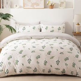 ACCOTIA Green Leaves Duvet Cover Set King Size, Botanical Bedding Set 3 Pieces, Ultra Soft Brushed Duver Cover with 2 Pillowcase for All Season (Cream White, King)