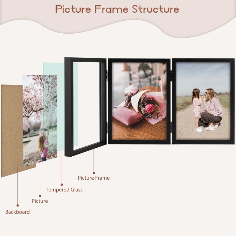5x7 Triple Hinged Frames, 3 Folding Picture Frame, Stand Vertically