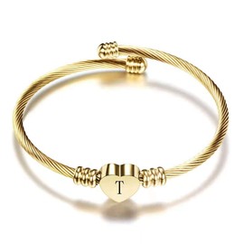 KunBead Initial T Letter Bracelets Heart Charm Gold Alphabet Bangle Cuff Wristband Bracelets Expandable Stainless Steel Bracelets for Women
