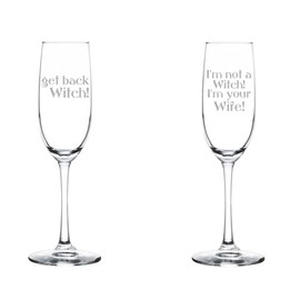 MIP Set of 2 Glass Champagne Flutes Sparkling Wine Glasses Gift I'm Not A Witch I'm Your Wife For Couple Bride and Groom Wedding Princess Engagement Anniversary (8 oz Stemmed)