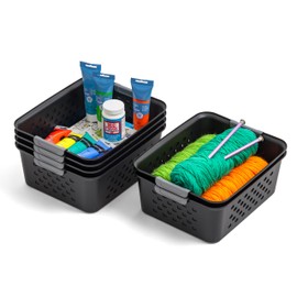 IRIS IRIS USA Plastic Storage Basket, 6-Pack, Medium, Shelf Basket Storage Organizer for Pantry, Cabinet, Bedroom, Closet, Laundry Room, Black