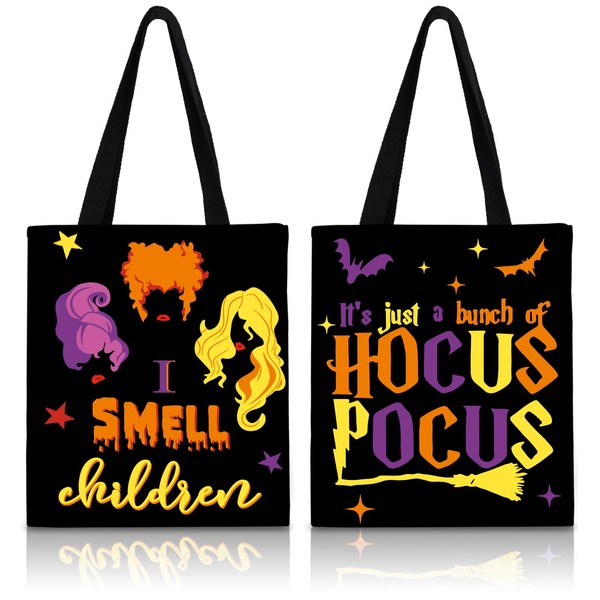 Whaline 2Pcs Halloween Canvas Tote Bags Hocus Pocus Grocery Shopping Bag Halloween Witch Reusable Gift Goodie Bag Trick or Treat Bag for Halloween Party Favor Supplies Gifts Wrapping, 13.4 x 15.8in, Multicolor