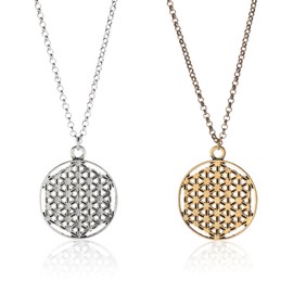 HZAOPZE 2 x Hollow Necklace, Flower of Life Chain Women's (70 cm Adjustable) Necklace with Flower of Life Pendant for Women and Girls, Suitable for Couples and Friends, Gold and Silver, Metal