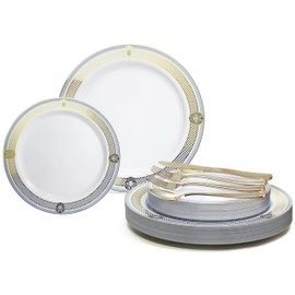 " OCCASIONS " 150pcs set (25 Guests)-Wedding Plastic Plates & cutlery -Disposable Dinnerware 10.25'', 7.5'' + Silverware w/double fork (Royal in White/Blue & Gold)