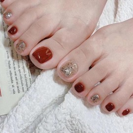 AKOFIC 24pcs False Toenails Short Square, French Glossy Red Stick on Toenails, Rhinestones Full Cover Press on Toenails, Artificial Fake Toenails for Big Toe Women Grils Manicure Art