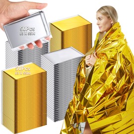Copkim 100 Pack Emergency Foil Thermal Blanket Bulk 83 x 55'' Waterproof Space Blanket First Aid Survival Blanket for Outdoors, Camping, Hiking, Homeless, First Aid, 50 Pc Silver 50 Pc Gold Silver