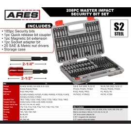 ARES 31023-208-Piece Impact Security Bit Set – Phillips, Robertson, Tamper Hex and Torx Bits, Specialty Bits, and More – Master Bit Set Includes Nut Drivers, Socket Adapters, and Extensions